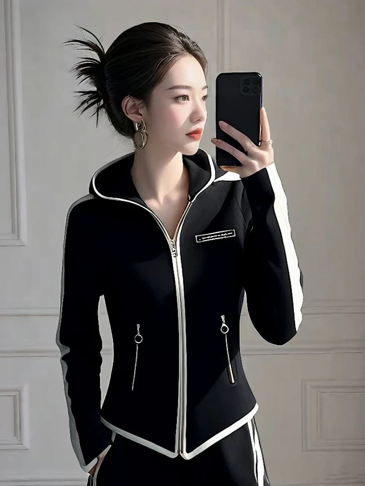 2025爆款运动休闲黑色拉链连帽卫衣外套女早春超好看收腰显瘦上衣