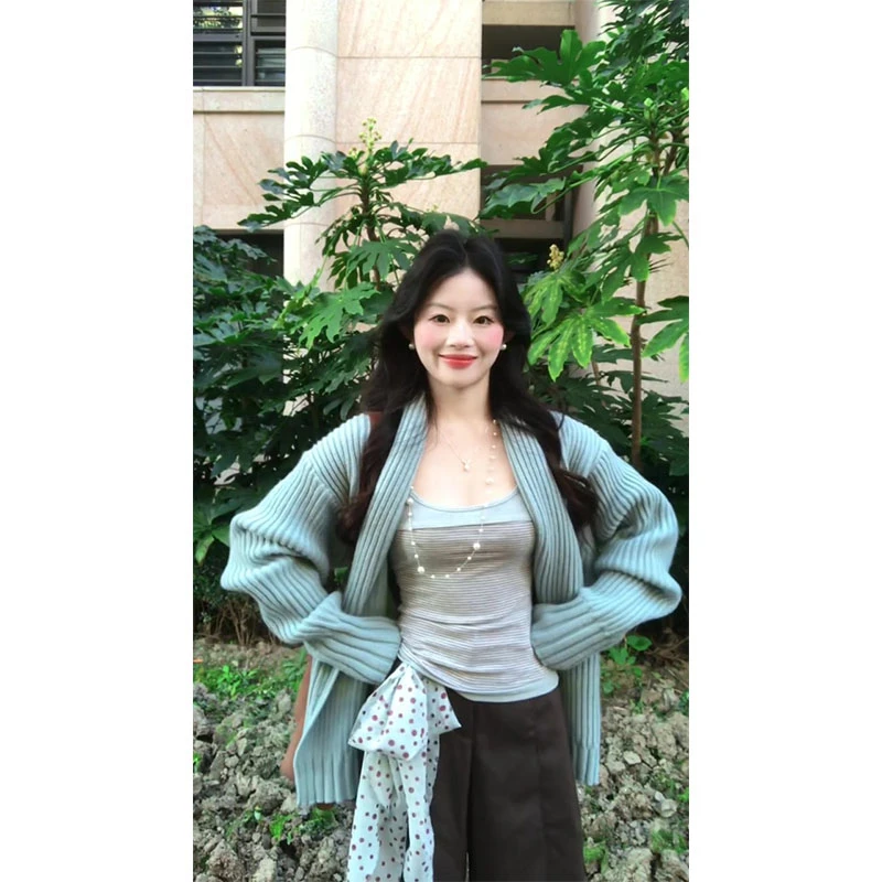 2025新款慵懒风时尚条纹针织开衫上衣纯欲撞色内搭阔腿直筒休闲裤