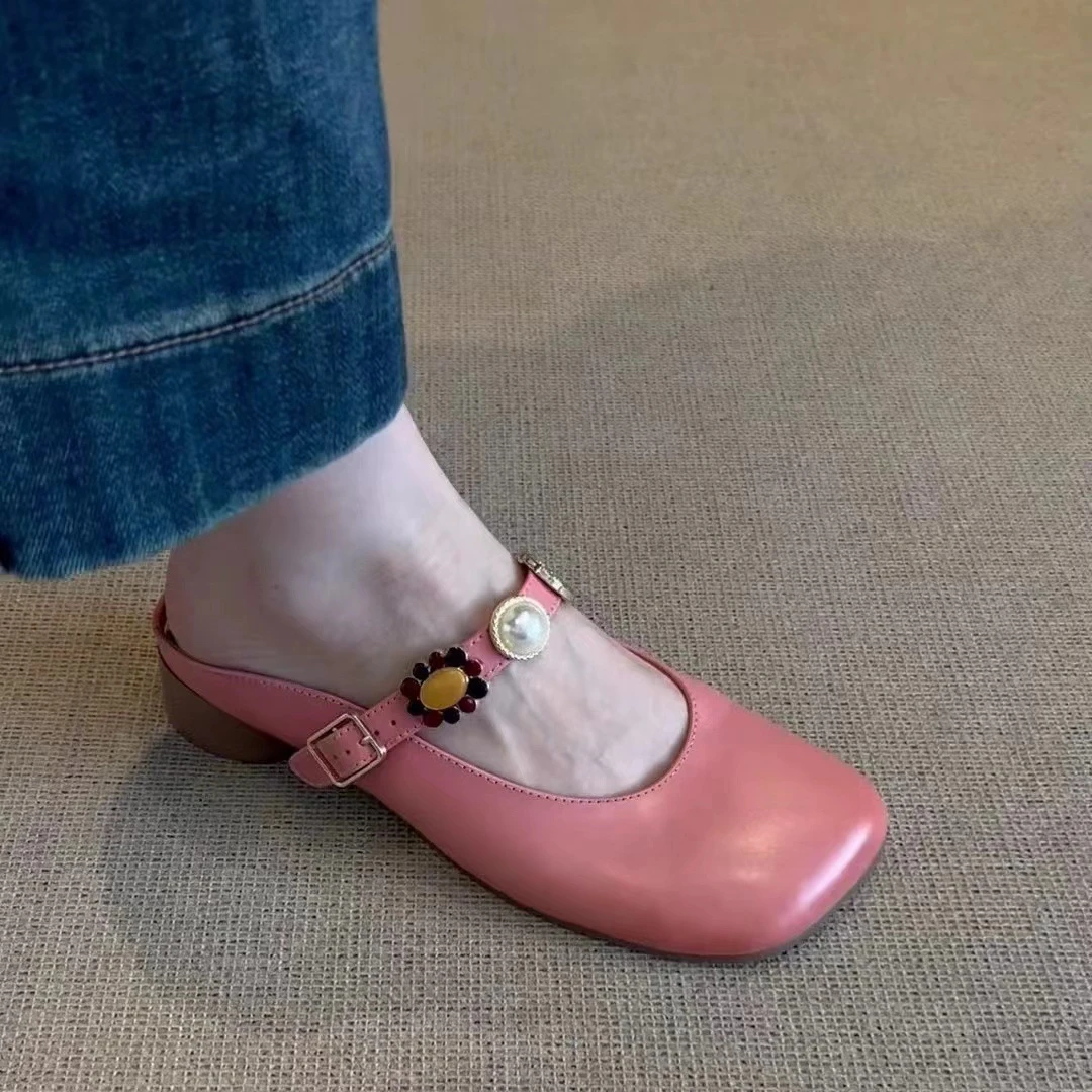 【巨好看~】斜方头宝石一字扣带包头拖鞋女外穿时尚甜美舒适女拖