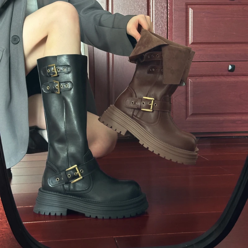 棕色靴子美拉德长筒靴女2025新款秋季复古西部牛仔厚底高筒骑士靴