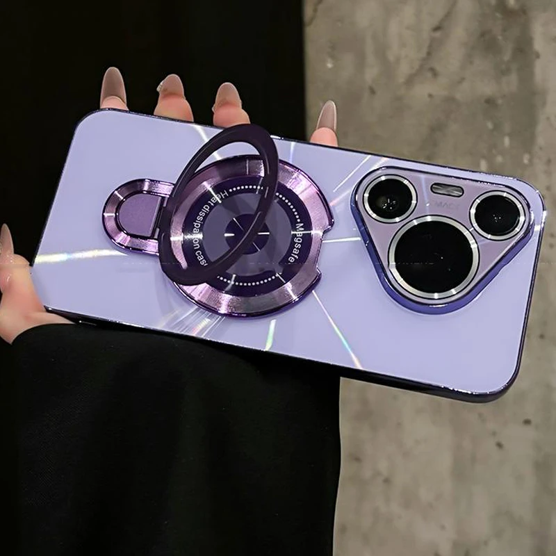 适用华为pura70/Pro+镭射金属镜头ultra防滑条全包支架手机壳防摔