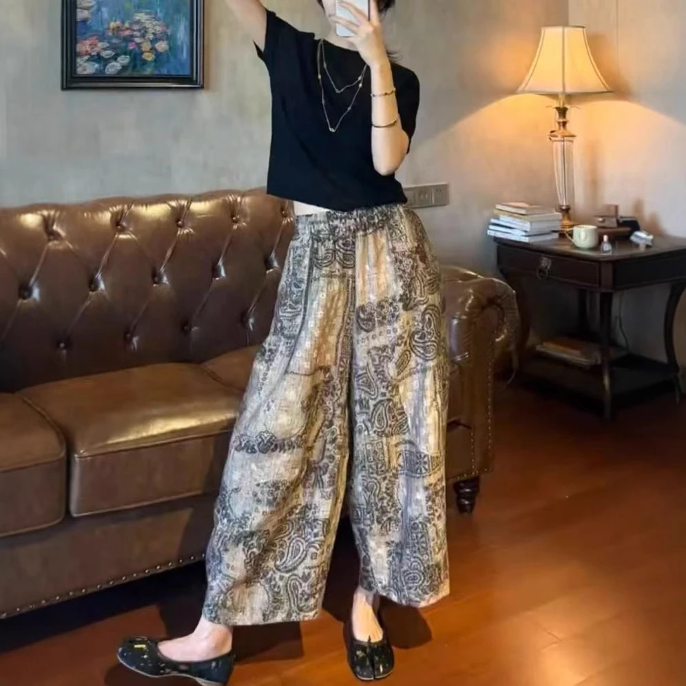 25307复古印花灯笼裤防晒阔腿夏季薄款宽松显瘦大码mm直筒