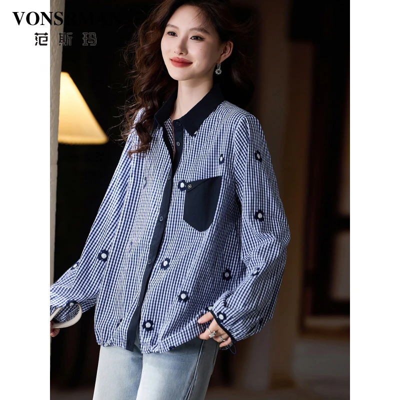 洋气格子刺绣衬衫女秋季新款宽松上衣2025年欧货大码长袖外套休闲