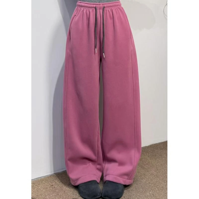 8391#韩版网红秋冬加绒爆款玫粉色弯刀裤休闲卫裤保暖高腰阔腿裤