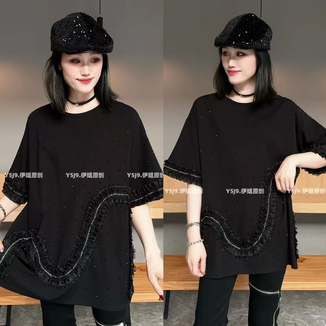 【YJ·高定】2025春夏宽松百搭设计感时尚潮牌珠片显瘦半袖女 YY1824