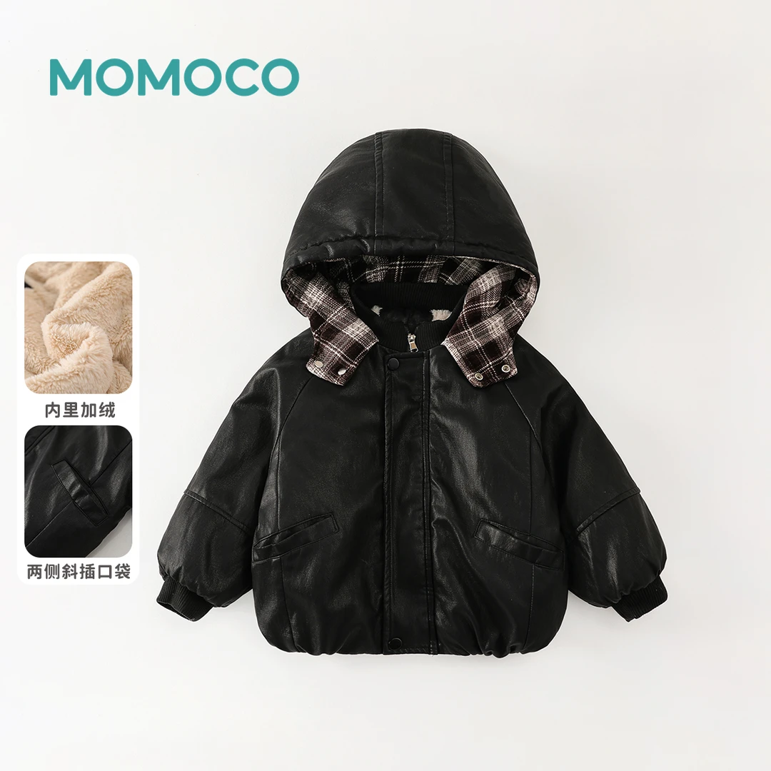 MOMOCO男童冬季新款潮酷风韩版加绒皮衣连帽保暖外套77430138064