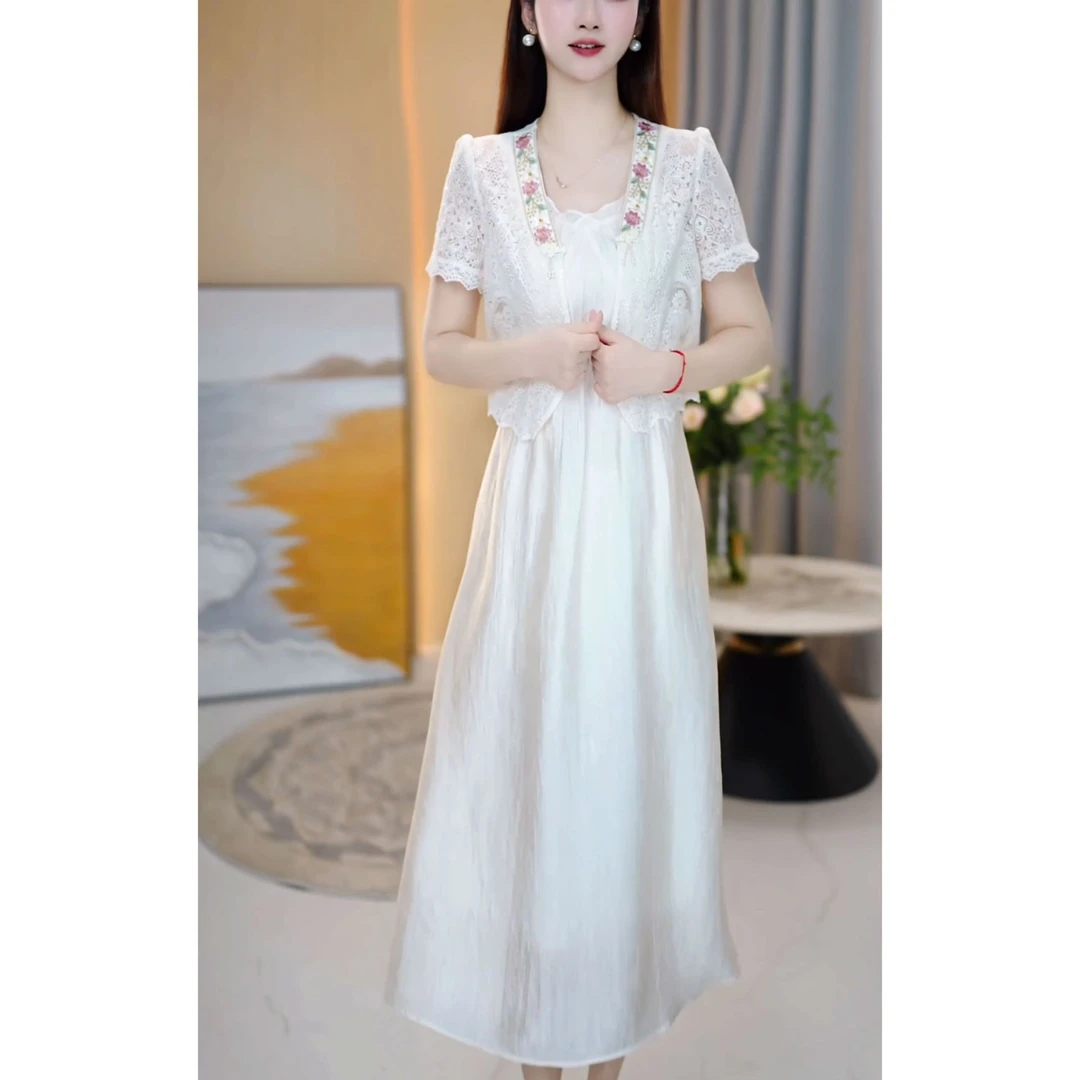 夏季新款时尚洋气蕾丝开衫吊带裙两件套气质复古法式收腰短袖套装