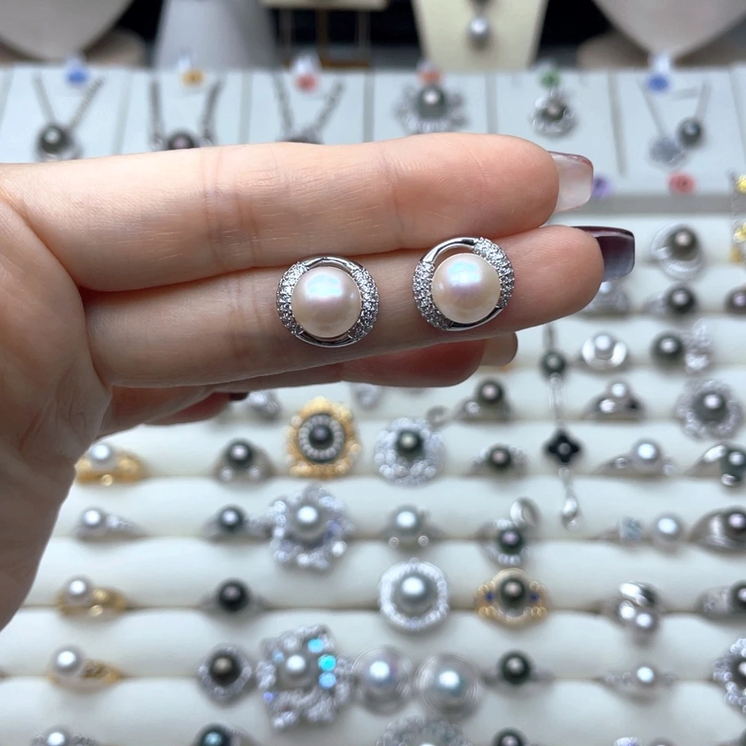 银S925镶嵌淡水珍珠耳饰9-10mm