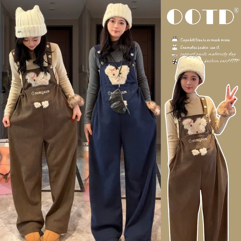 减龄孕妇背带裤秋冬季灯芯绒加绒加厚韩版可爱孕妇装秋冬装套装