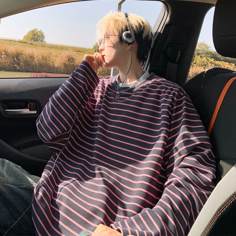 笙巡长袖T恤男春季新款圆领条纹港风潮流百搭ins韩版打底衫上衣服