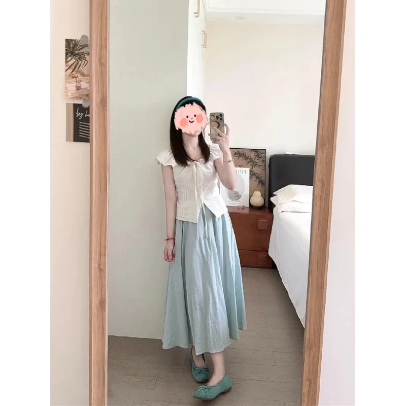 2025夏季新法式小个子盐系气质穿搭白色系带衬衫高腰半身裙两件套