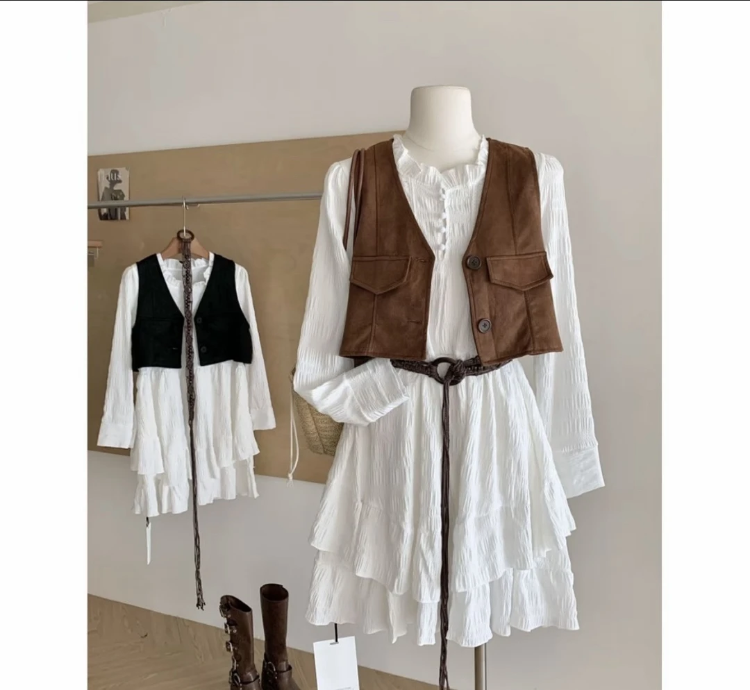 Rayhon三件套法式森系气质马甲腰带连衣裙时尚套装秋款