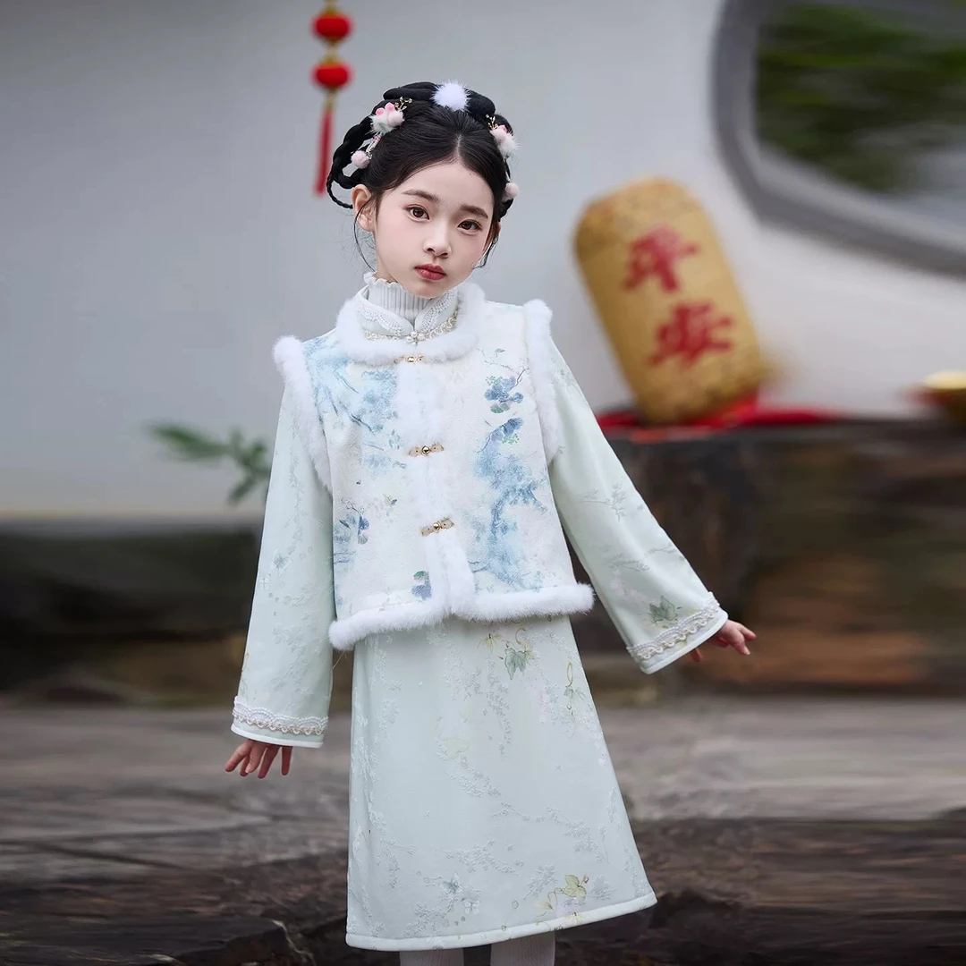 女童拜年服旗袍套装中国风儿童新中式旗袍马甲唐装加厚女孩过年服