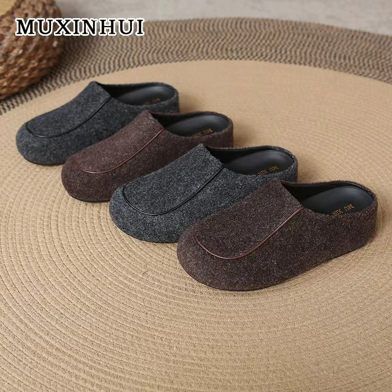 【品牌】2025年新款毛呢厚底毛毛鞋女复古网红防滑包头懒人鞋860