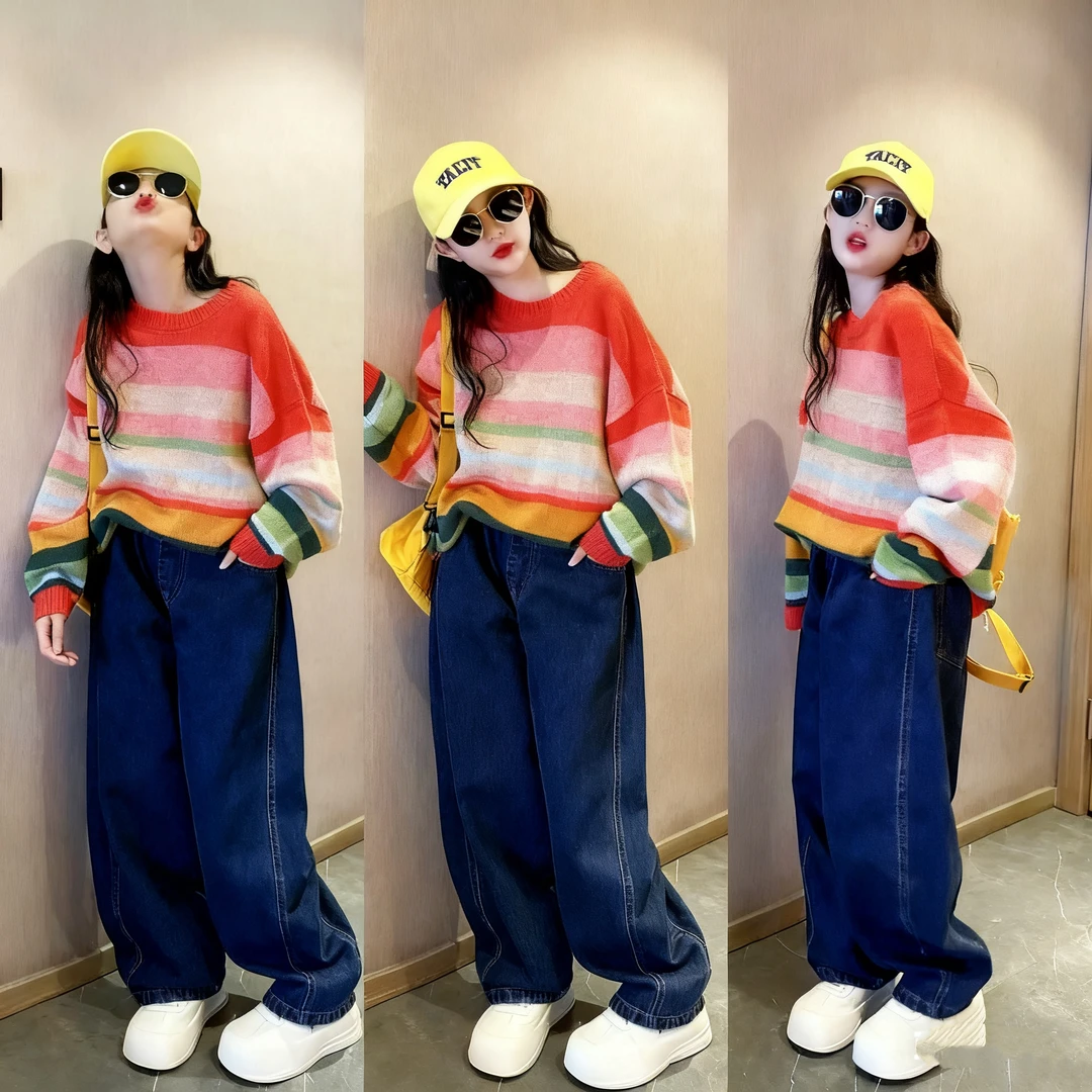 多巴胺穿搭彩虹条纹针织衫女童2025春秋新款复古慵懒风毛衣套装潮