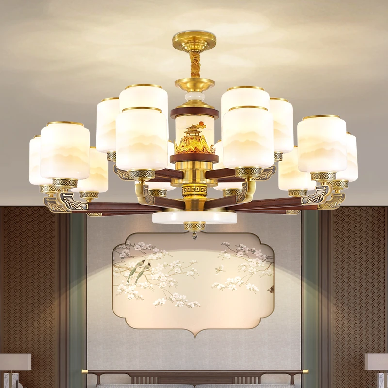 客厅吊灯大吊灯国风大气别墅酒店大厅新中式长城玉石全铜灯