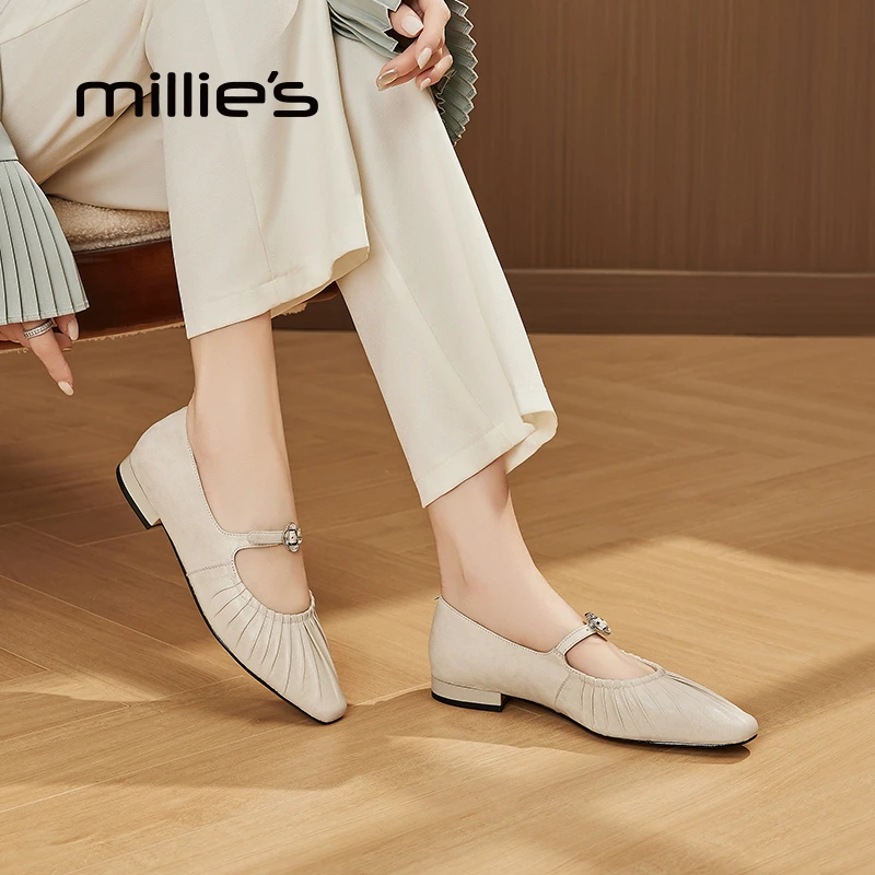 MILLIE S/妙丽羊皮真皮单鞋女一字扣方头玛丽珍鞋褶皱时尚宴会鞋