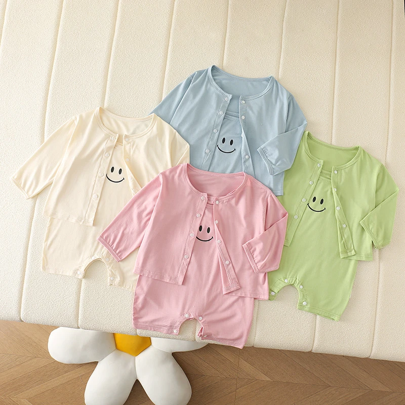 现货夏季薄款婴幼儿笑脸吊带长袖宝宝透气舒适连体哈衣两件套可爱