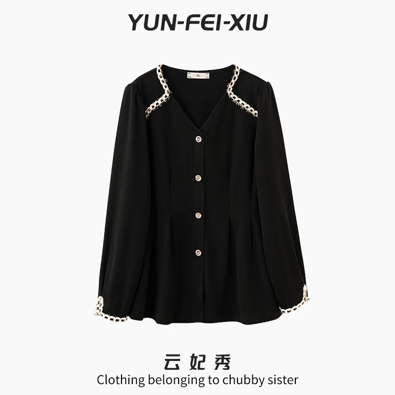 云妃秀大码女装衬衫V领链条装饰长袖宽松显瘦遮肉胖妹妹秋季9030