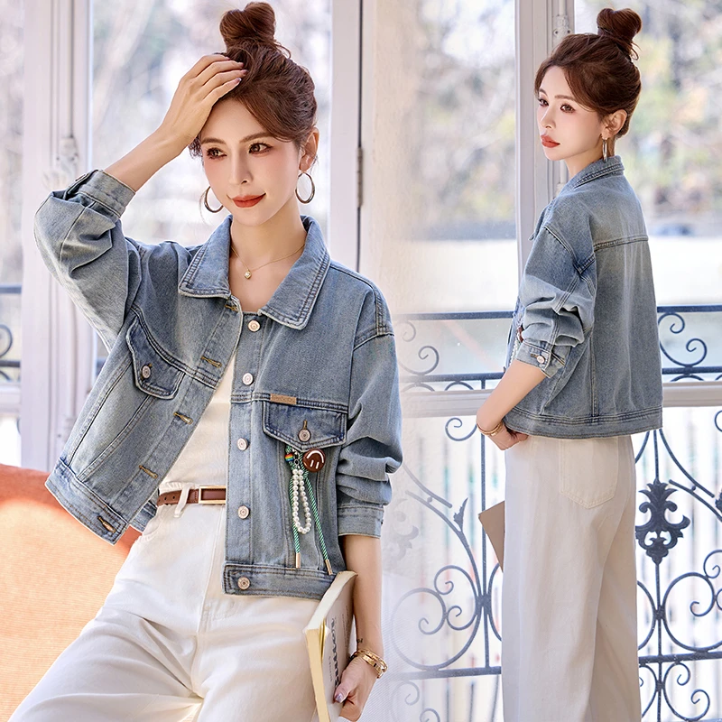 2025春季新中式休闲百搭短款夹克国风盘扣牛仔外套女重工串珠上衣