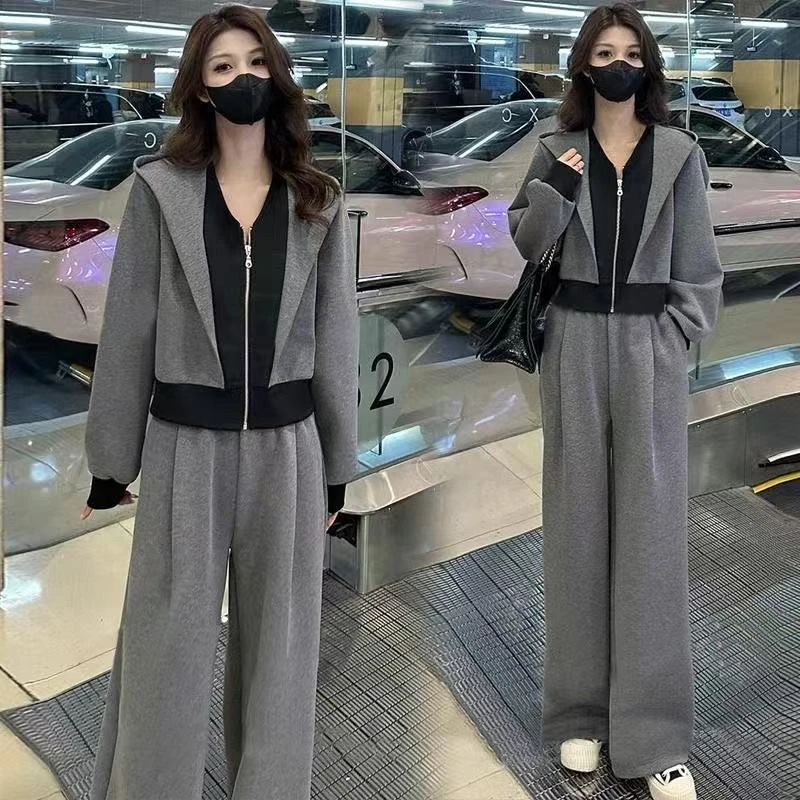 休闲运动套装女2025春季新款洋气显瘦拼接连帽开衫阔腿裤两件套潮