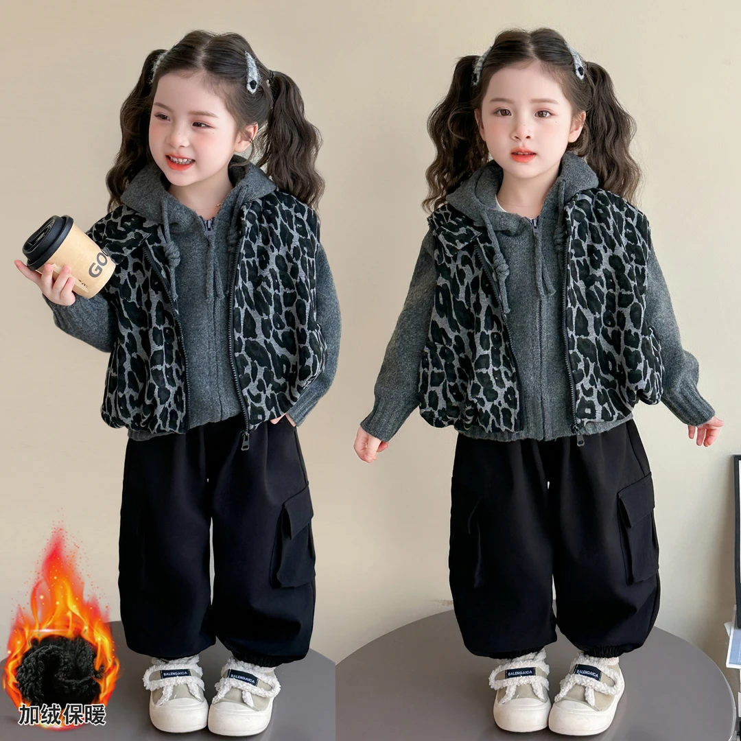 女童秋装套装加绒加厚2025新款洋气儿童秋冬装女宝宝豹纹三件套潮