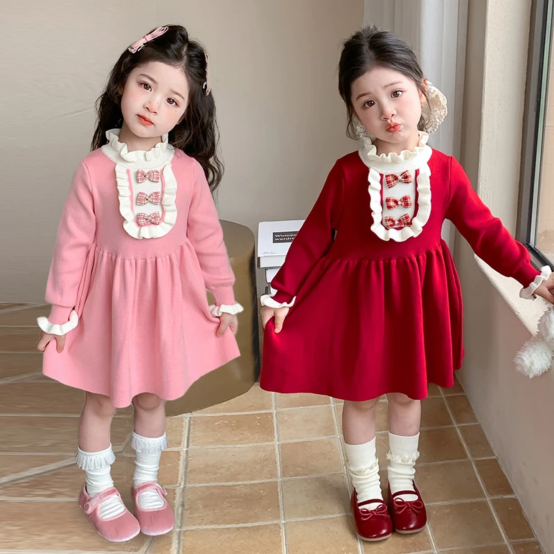 女童蝴蝶结花边毛衣裙春秋2025新款儿童洋气礼服裙秋季甜美公主裙