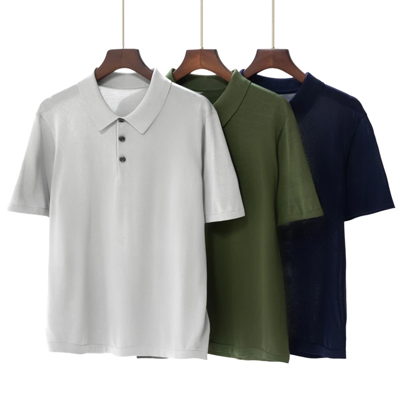 康赛妮A规纱】男士精纺桑蚕丝POLO翻领短袖修身系扣T恤夏季休闲