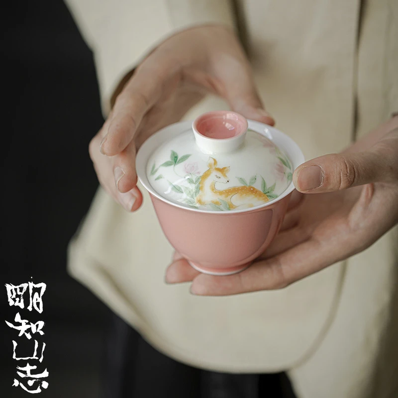 明知山志-凤仙粉-林深见鹿-慕言白瓷釉下彩盖碗120ml