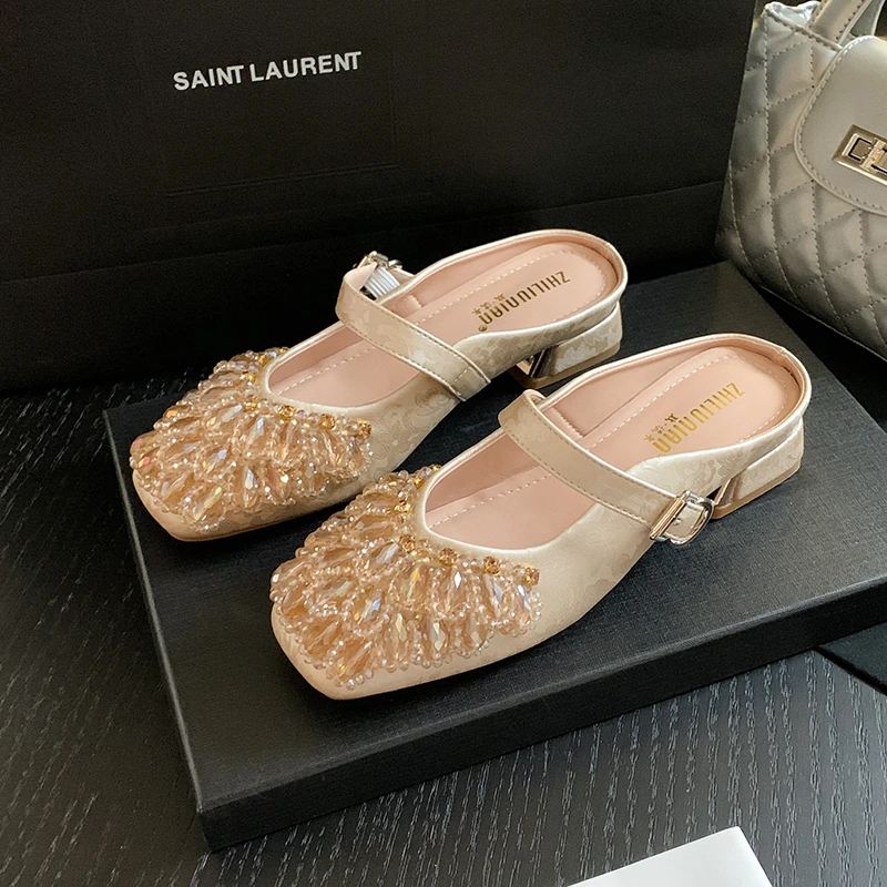 包头半拖新中式国风方头一字扣手工水钻软底温柔气质百搭