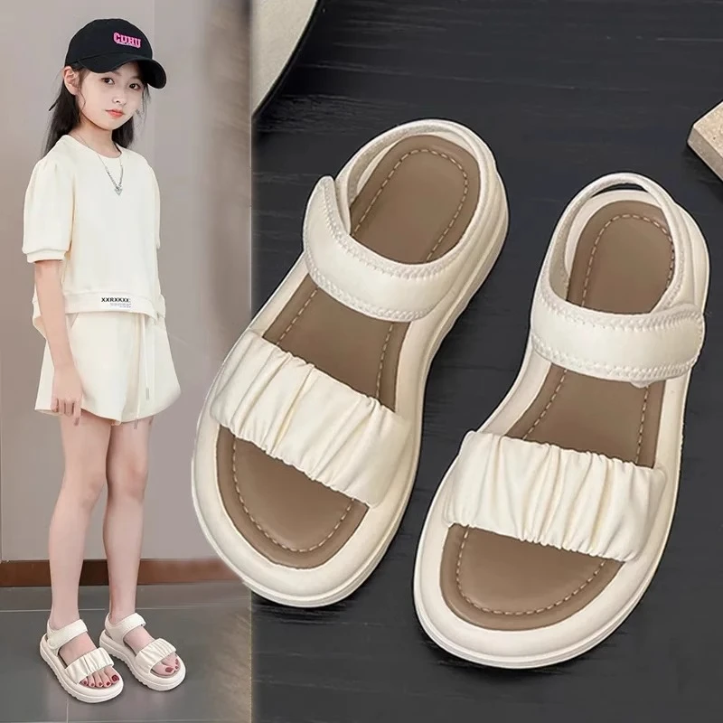 百搭凉鞋女童魔术贴学生休闲风皮革拼接外穿时尚防滑仙女风夏季鞋