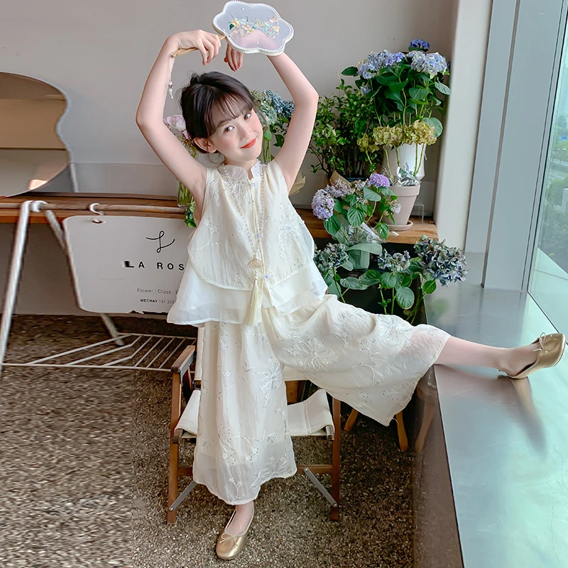 女童夏季国风套装2025新款儿童上衣阔腿裤两件套女孩汉服中式大童