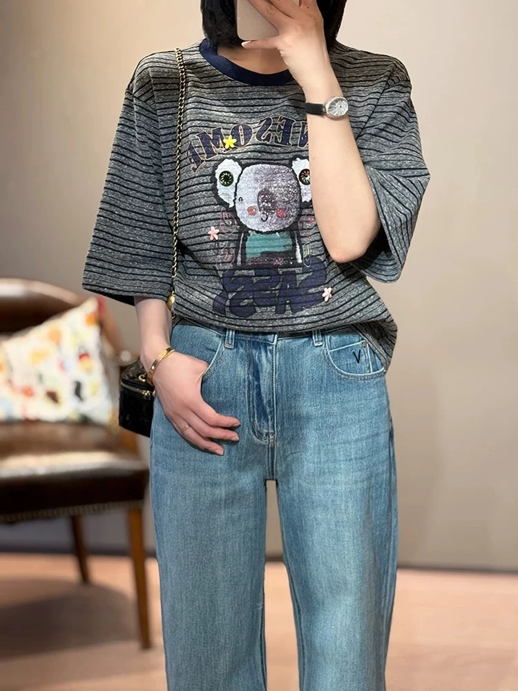 【纽扣小熊】2025夏季新款韩版条纹卡通宽松短袖T恤上衣女减龄时尚