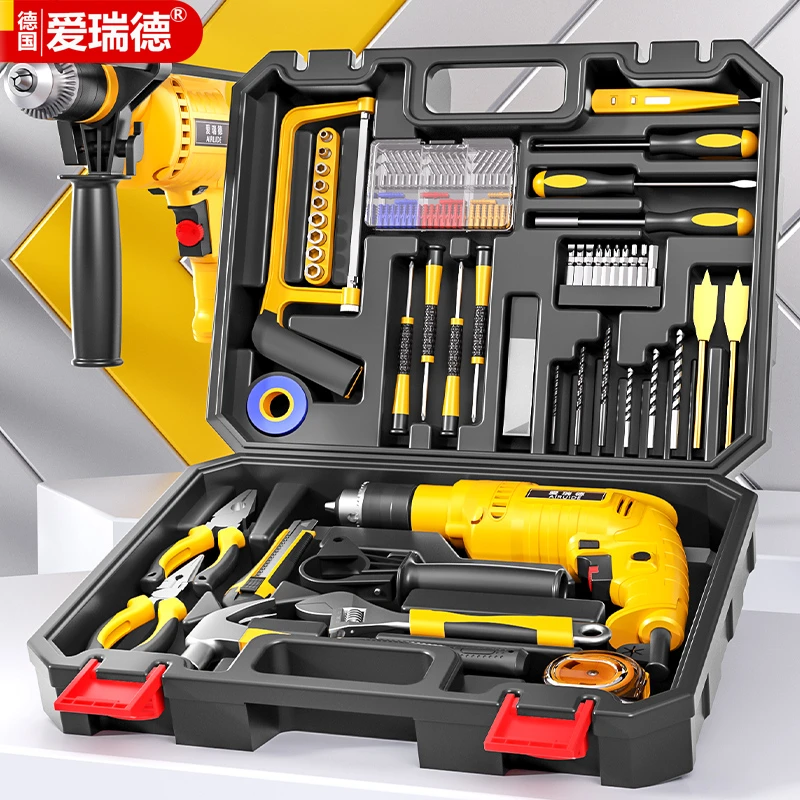 爱瑞德电钻家用冲击钻工具箱套装多功能五金维修工具套装电动工具