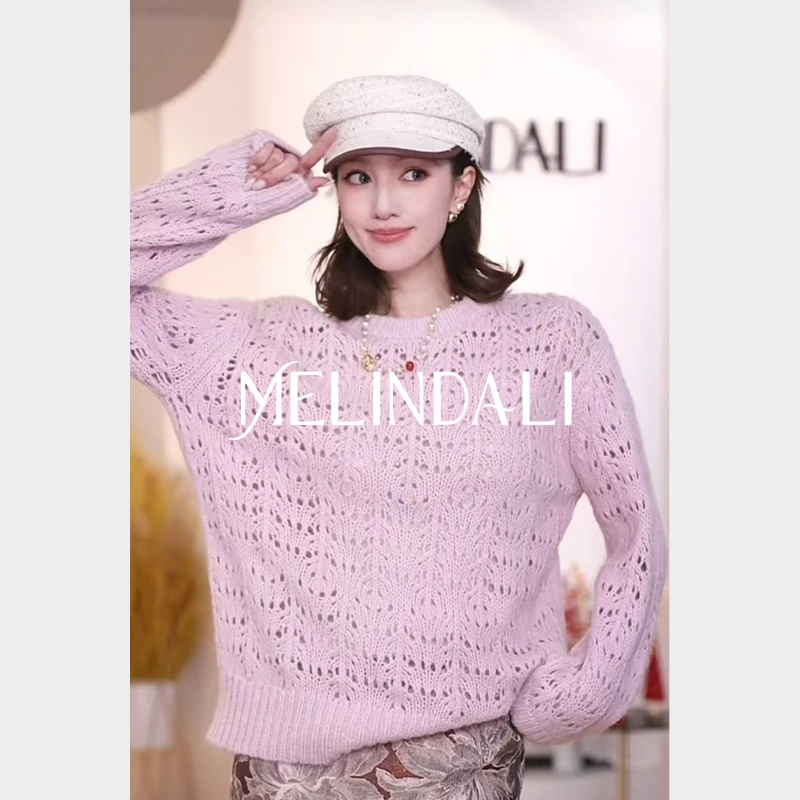 Melinda Li 【粉沙滩】法式慵懒风软糯绵羊毛樱花粉套头针织毛衣