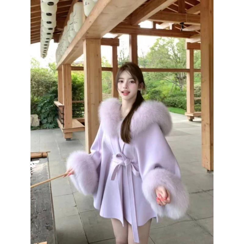 富家千金法式名媛高级气质系带毛呢大衣毛毛呢子外套女装秋冬新款