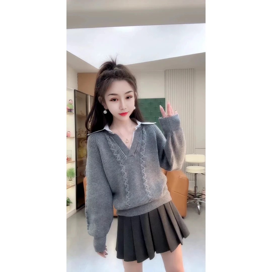 学院风假两件衬衣领拼接V领针织毛衣韩版气质时尚针织衫