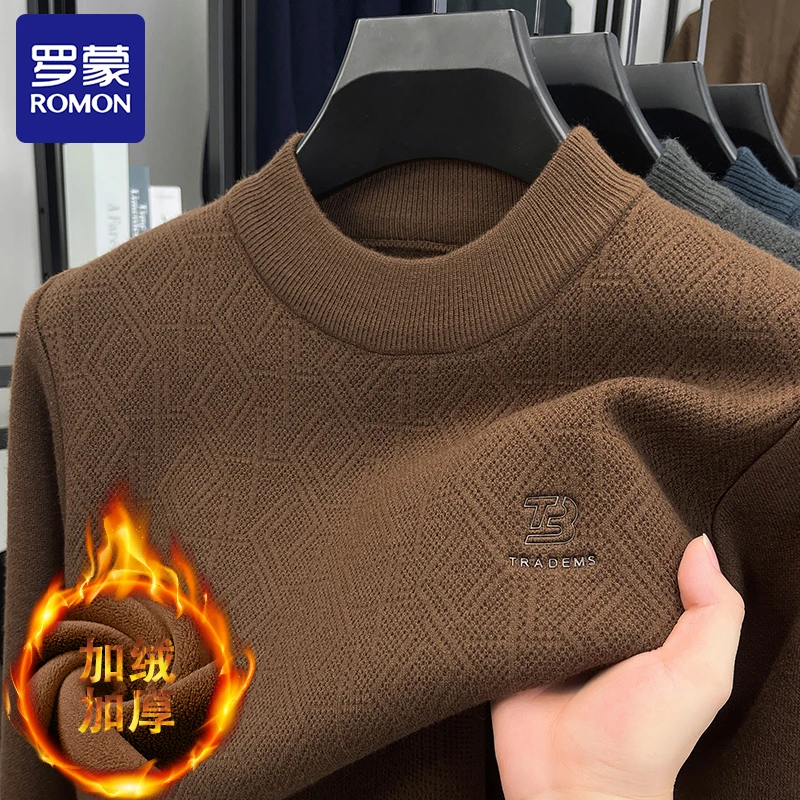 Romon/罗蒙冬季加绒加厚一体绒毛衣男士时尚休闲半高领保暖毛线衫