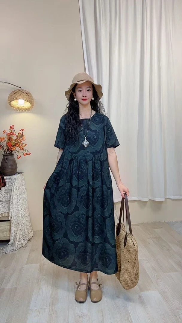 5034夏季新款清凉气质时尚复古遮肚宽松女显瘦百搭圆领休闲连衣裙