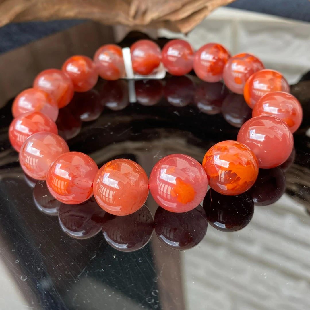 原矿无优化南红 四川凉山瓦西火焰纹13mm单圈手串玉手串珠珠