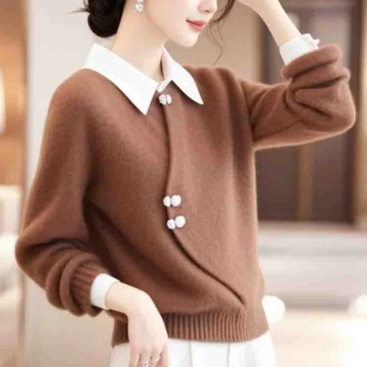 2025新款感外穿复古新中式国风毛衣慵懒高级感仿羊绒假两件上衣女