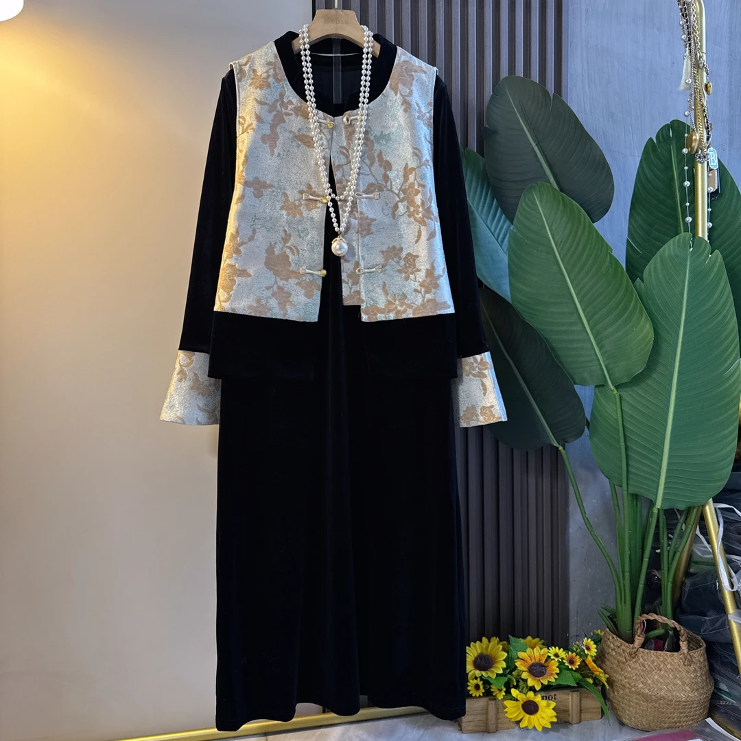 秋冬季大码新中式国风提花马甲连衣裙套装微胖气质显瘦复古民族风