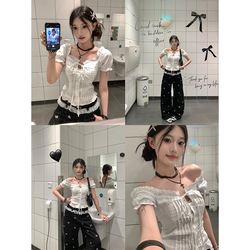 韩系夏天衣服蕾丝花边衬衫女一字肩上衣拼接蝴蝶结阔腿裤牛仔裤
