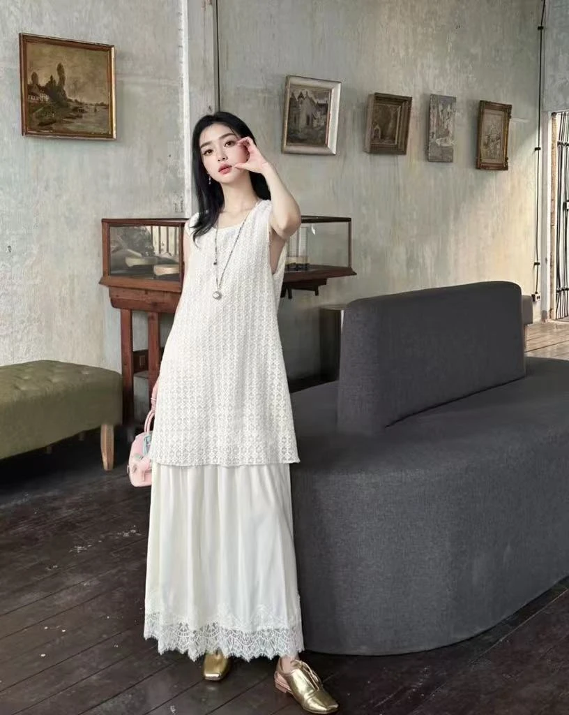 【舞茶小调】高级感重工珠片镂空拼接花边假两件无袖连衣裙.Y912