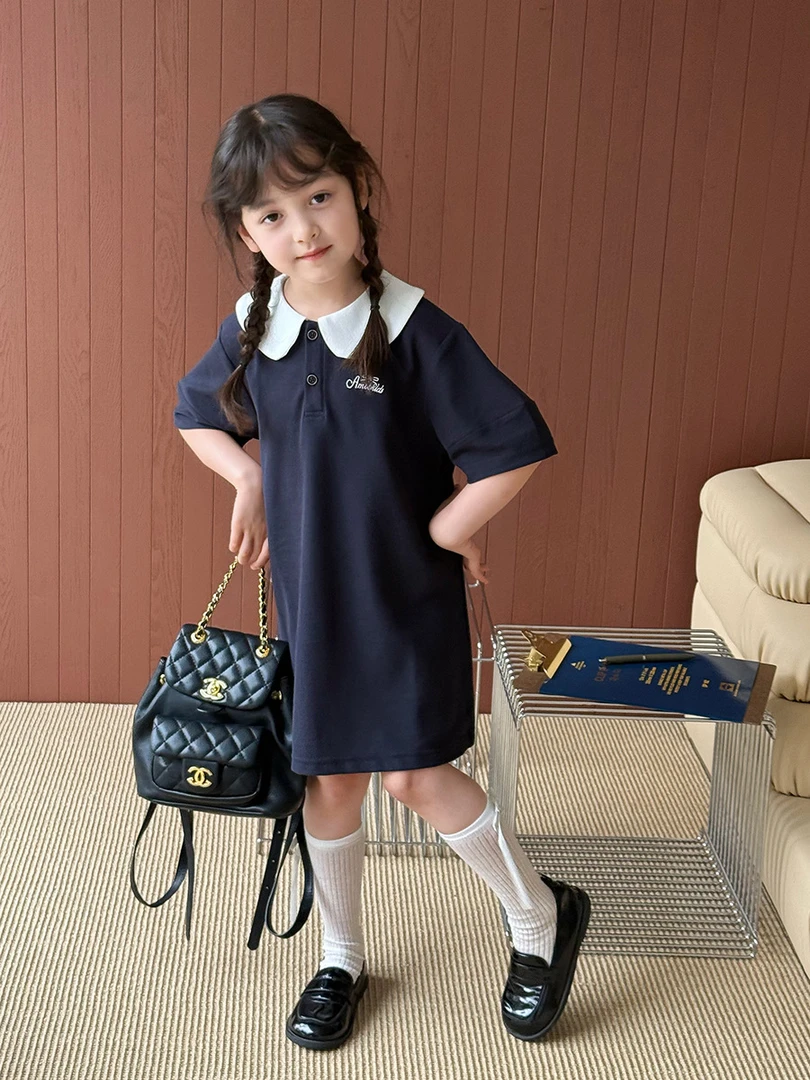 【新品】2025夏季女童公主连衣裙可爱娃娃翻领撞色学院风裙子25C221