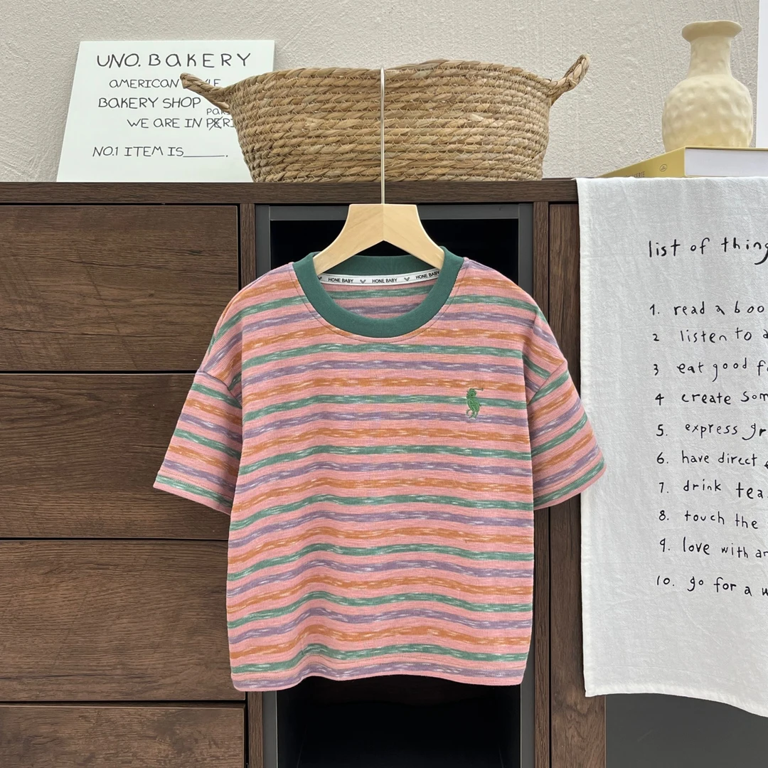 【小蛋壳】现货-夏季儿童新款韩版短袖圆领薄款彩色条纹宽松休闲T恤