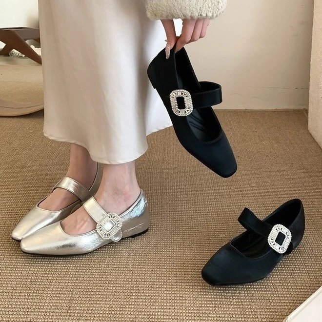 内增高5cm复古方头水钻一字带浅口单鞋女春秋季厚底软底玛丽珍鞋