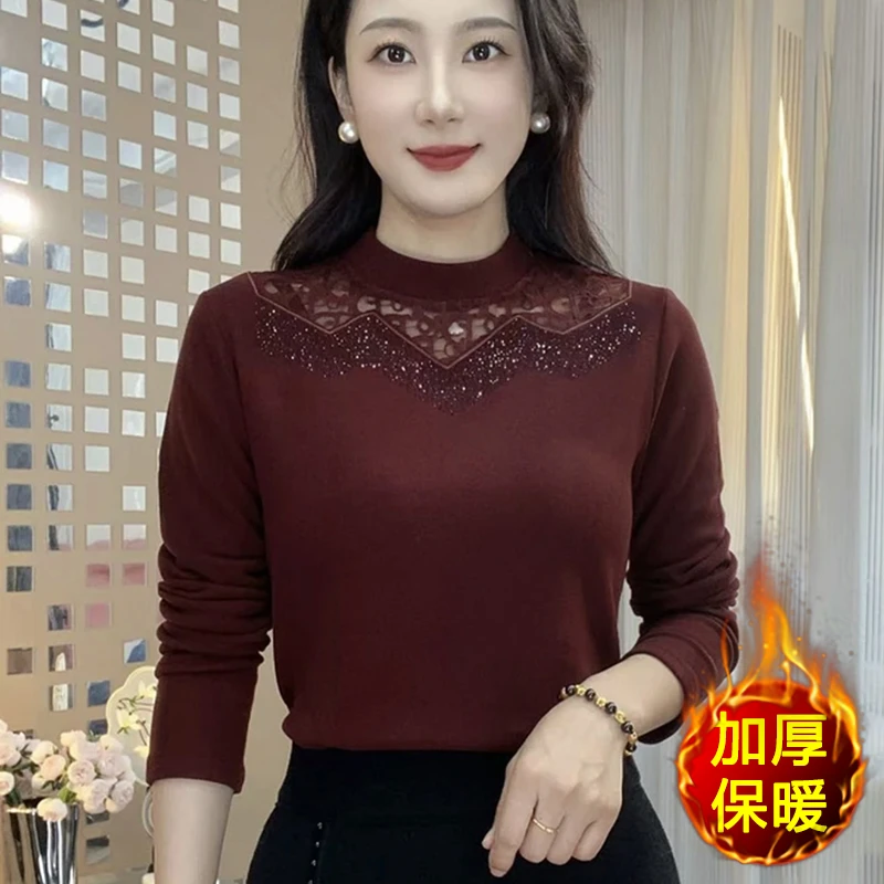 秋冬新款修身显瘦时尚半高领蕾丝烫钻长袖打底衫大码遮肚减龄小衫