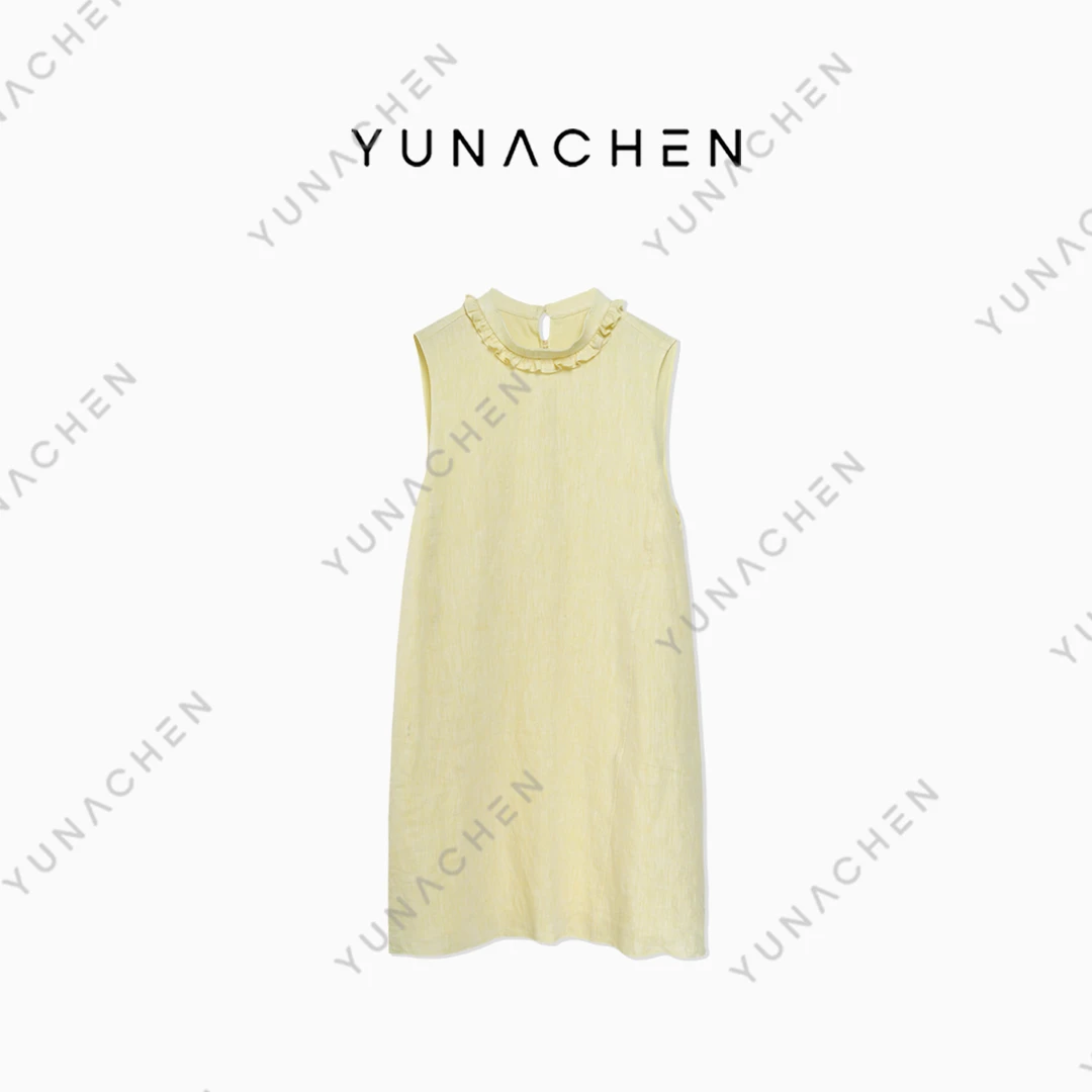 菠萝宝宝yuna【慎知】YC29时尚气质轻奢木耳领黄色女亚麻无袖连衣裙