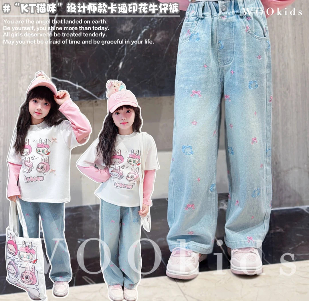 现货-WOOkids8【猫咪蝴蝶结】亲子兄妹童装高定牛仔长裤 W25070206